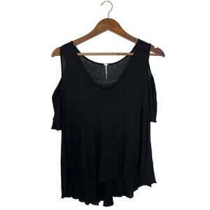 Free People Linen Blend Cold Shoulder Black Shirt Top Flowy Beach Coastal Size S